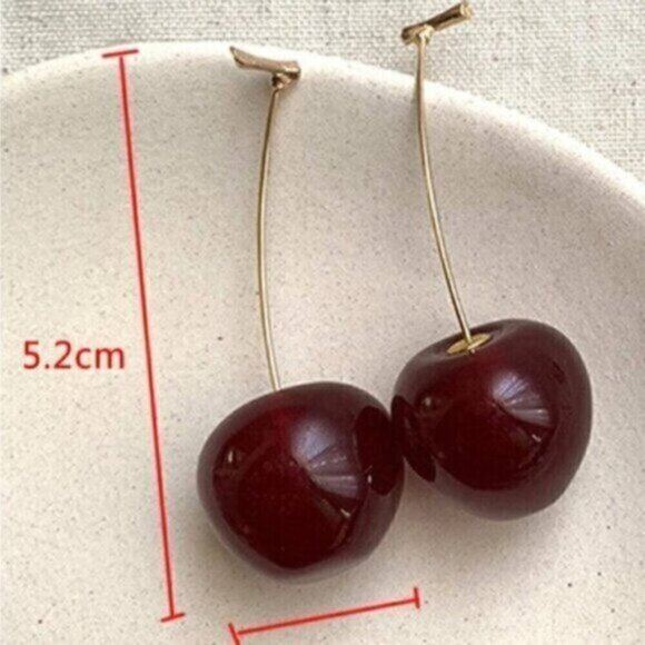 Red Cherry Design Long Gold Stem Statement Earrings - Picture 4 of 4